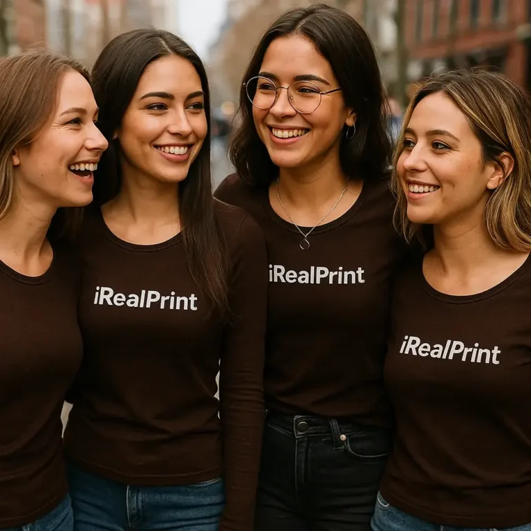 Grup de femei purtând bluze personalizate cafea iRealPrint într-un cadru urban, stil casual modern și identitate vizuală de echipă