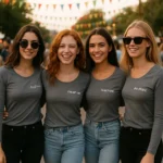 Grup de femei purtând bluze personalizate gri metalic iRealPrint la un eveniment urban, stil casual modern și identitate vizuală de echipă