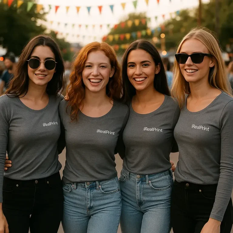Grup de femei purtând bluze personalizate gri metalic iRealPrint la un eveniment urban, stil casual modern și identitate vizuală de echipă