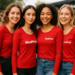 Grup de femei purtând bluze personalizate roșii iRealPrint în cadru urban, stil casual modern și imagine de echipă cu identitate vizuală