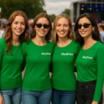 Grup de femei purtând bluze verde mediu personalizate iRealPrint pentru identitate vizuală și branding de echipă