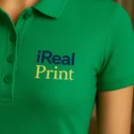 Detaliu personalizare logo iRealPrint aplicat prin transfer termic pe tricou polo damă personalizat verde mediu, evidențiind claritatea printului și textura materialului