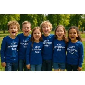 Grup de copii purtând bluze albastru regal personalizate cu mesaje supererou și supereroina pentru energie și bucurie