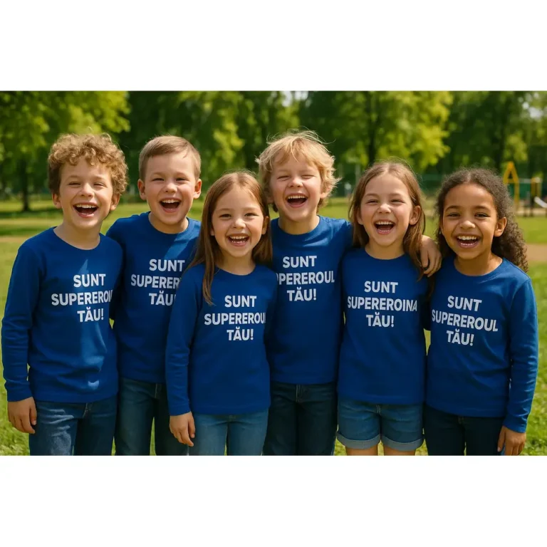 Grup de copii purtând bluze albastru regal personalizate cu mesaje supererou și supereroina pentru energie și bucurie