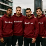 Grup de bărbați purtând hanorace personalizate vișiniu Garnet iRealPrint în cadru urban modern, stil streetwear masculin și identitate de echipă