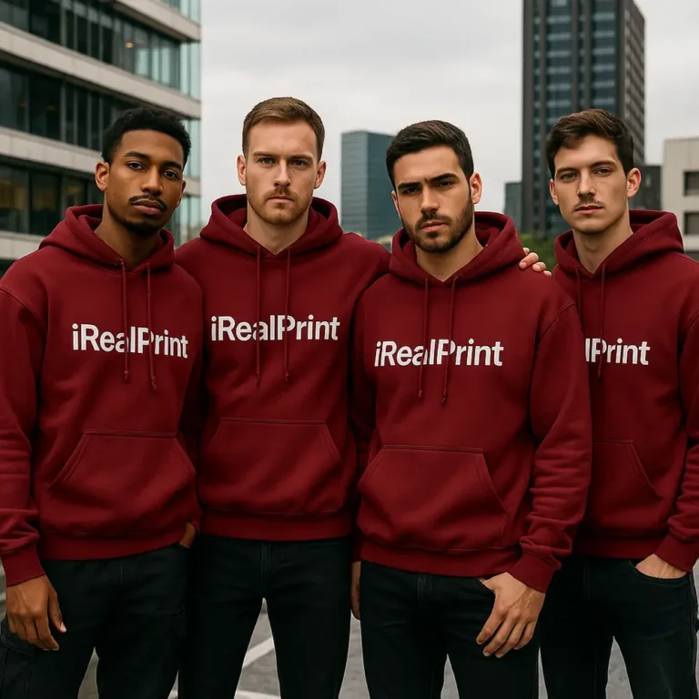 Grup de bărbați purtând hanorace personalizate vișiniu Garnet iRealPrint în cadru urban modern, stil streetwear masculin și identitate de echipă