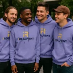 Grup de prieteni purtând hanorace violet personalizate iRealPrint într-un parc, stil casual relaxat și atmosferă de echipă modernă