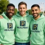Bărbat purtând hanorac personalizat verde mentă iRealPrint într-un cadru urban elegant, stil masculin modern și ținută casual contemporană