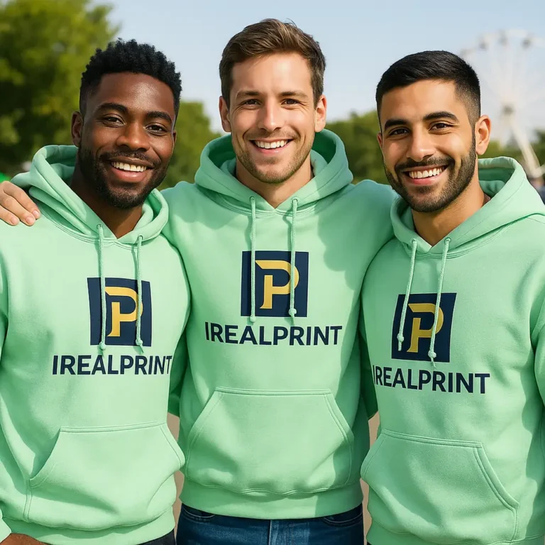 Bărbat purtând hanorac personalizat verde mentă iRealPrint într-un cadru urban elegant, stil masculin modern și ținută casual contemporană