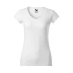 Tricou damă cu anchior în V personalizat alb prezentat din perspectivă trei sferturi pentru evidențierea formei și a materialului