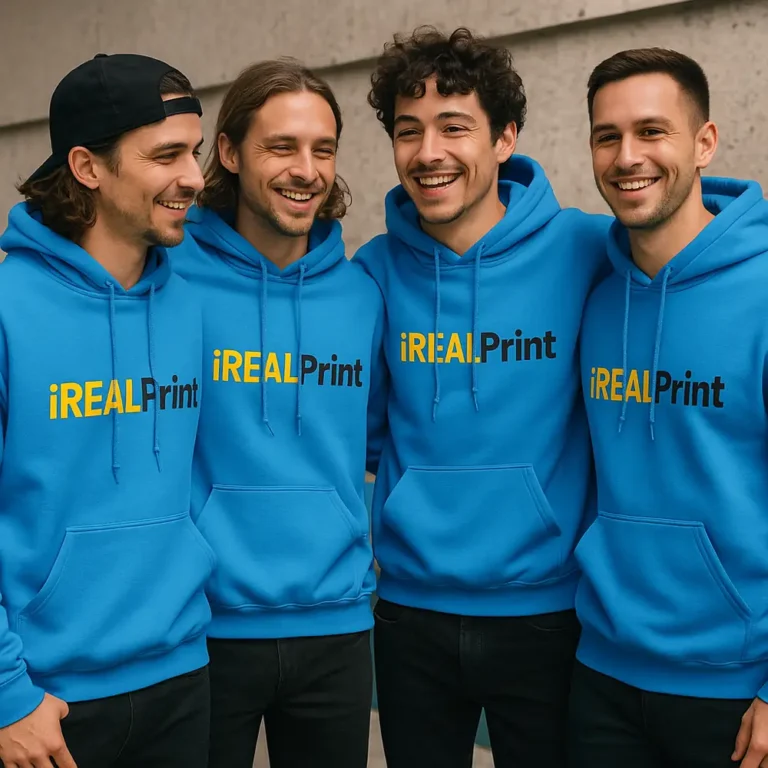 Grup de bărbați purtând hanorace personalizate albastru sapphire cu logo iRealPrint pentru identitate vizuală puternică și branding modern de echipă