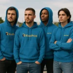Grup de bărbați purtând hanorace personalizate albastru sapphire cu logo iRealPrint, hanorace moderne pentru branding de echipă, identitate vizuală și stil urban contemporan