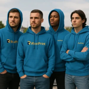 Grup de bărbați purtând hanorace personalizate albastru sapphire cu logo iRealPrint, hanorace moderne pentru branding de echipă, identitate vizuală și stil urban contemporan
