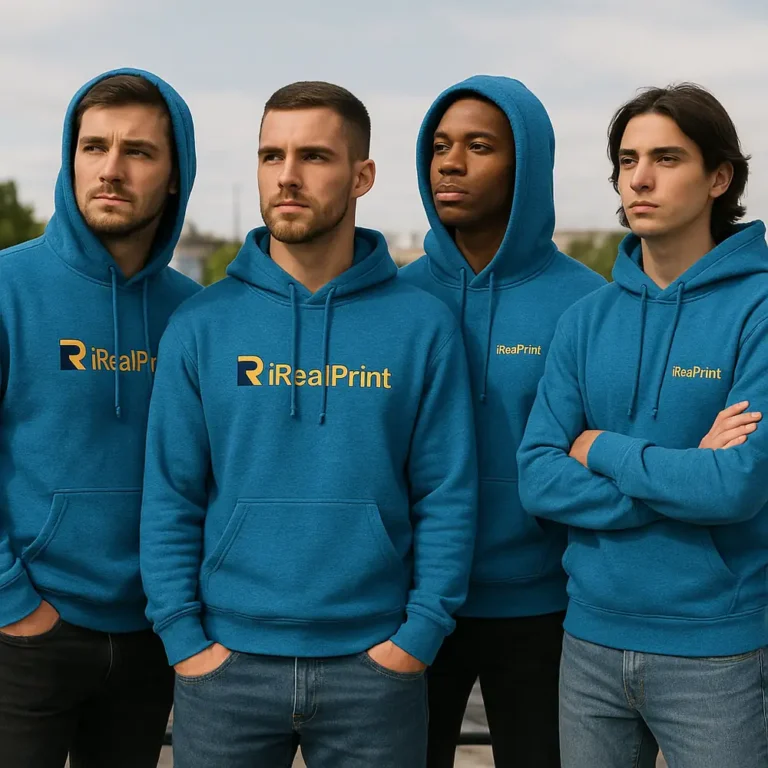 Grup de bărbați purtând hanorace personalizate albastru sapphire cu logo iRealPrint, hanorace moderne pentru branding de echipă, identitate vizuală și stil urban contemporan