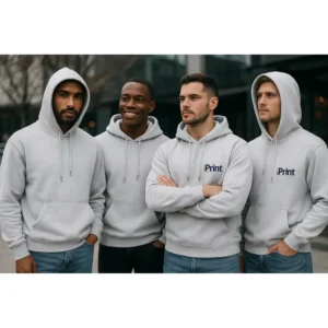 Grup de bărbați purtând hanorace personalizate ash gri deschis cu logo iRealPrint pentru identitate vizuală puternică, branding modern de echipă și stil urban contemporan
