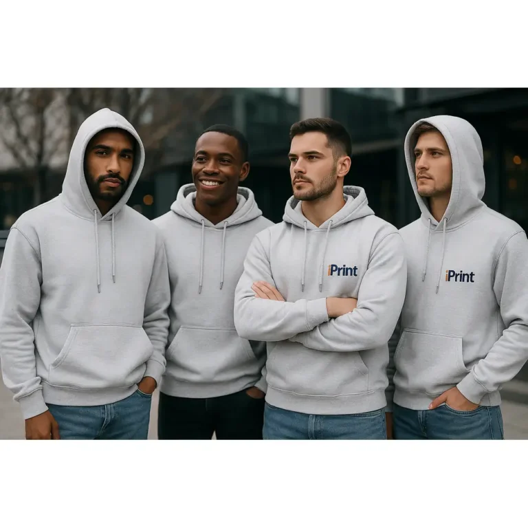 Grup de bărbați purtând hanorace personalizate ash gri deschis cu logo iRealPrint pentru identitate vizuală puternică, branding modern de echipă și stil urban contemporan
