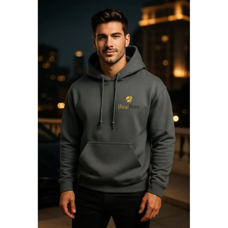 Hanorac bărbați personalizat charcoal cu logo iRealPrint aplicat pe piept prin transfer termic profesional, design minimalist elegant evidențiat pe material premium într-un outfit urban modern