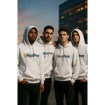 Grup de bărbați purtând hanorace albe personalizate iRealPrint într-un stil streetwear modern, evidențiind apartenența la echipă, brandingul vizibil și impactul vizual al personalizării pe fundal albnoracului
