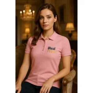 Model feminin purtând tricou polo damă personalizat roz într-un interior elegant, ilustrând stilul profesional și utilizarea în context business