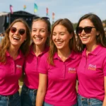 Grup de femei purtând tricouri polo damă personalizate purpurii într-un context de eveniment, evidențiind utilizarea pentru echipe și promovare de brand