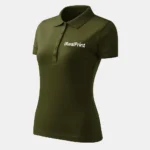 Tricou polo damă verde militar cu croială feminină cambrată și guler structurat, design modern pentru uniforme profesionale