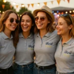 Grup de femei purtând tricouri polo damă gri închis personalizate cu logo la eveniment outdoor cu branding vizibil și atmosferă festivă