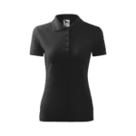 Tricou polo damă gri antracit cu croială feminină cambrată și guler cu nasturi, design elegant potrivit pentru uniforme corporate