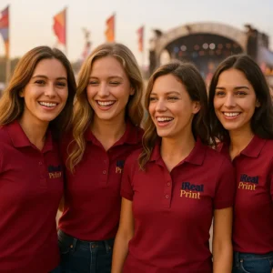 Echipă de femei purtând tricouri polo damă garnet personalizate cu logo la eveniment în aer liber, atmosferă dinamică și branding vizibil