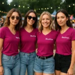 Grup de femei purtând tricouri damă roșu fucsie cu anchior în V personalizate la eveniment social, atmosferă relaxată și look modern