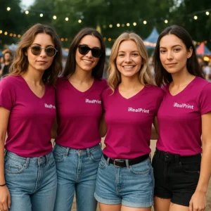 Grup de femei purtând tricouri damă roșu fucsie cu anchior în V personalizate la eveniment social, atmosferă relaxată și look modern