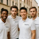 Grup de bărbați purtând tricouri polo personalizate albe într-un cadru urban, ilustrând utilizarea pentru echipe, uniforme corporate și branding de companie