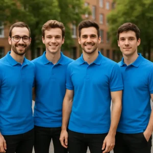 Grup de bărbați purtând tricouri polo bărbați personalizate albastre într-un cadru urban, ilustrând utilizarea pentru echipe, uniforme corporate și branding