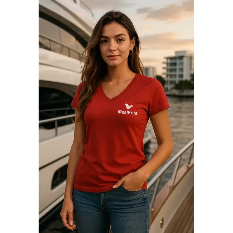 Femeie purtând tricou damă roșu personalizat cu anchior în V într-un decor urban modern, stil casual feminin și look elegant