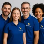Grup de persoane purtând tricouri polo personalizate albastru regal cu logo iRealPrint, ilustrând utilizarea pentru echipe corporate și marketing vizual
