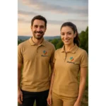 Bărbat și femeie purtând tricouri polo crem personalizate cu logo iRealPrint într-un cadru natural, stil business casual pentru branding profesional