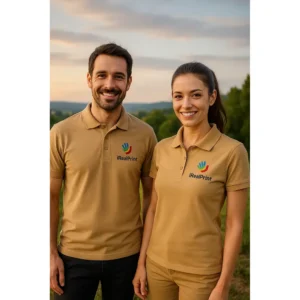 Bărbat și femeie purtând tricouri polo crem personalizate cu logo iRealPrint într-un cadru natural, stil business casual pentru branding profesional
