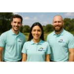 Echipă purtând tricouri polo personalizate culoare frost cu logo iRealPrint într-un context natural, uniforme moderne pentru branding vizual și identitate de echipă