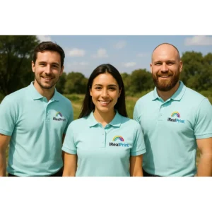 Echipă purtând tricouri polo personalizate culoare frost cu logo iRealPrint într-un context natural, uniforme moderne pentru branding vizual și identitate de echipă