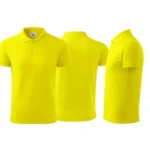 Tricou polo bărbați personalizat galben lămâie prezentat din față, spate și lateral pentru evidențierea croielii ergonomice și designului modern