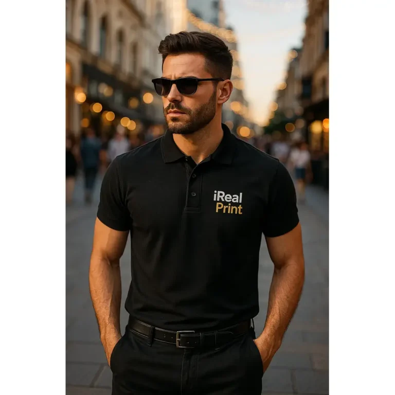 Bărbat purtând tricou polo personalizat gri antracit cu logo iRealPrint într-un decor urban modern, imagine lifestyle pentru branding vizual premium