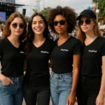 Grup de femei purtând tricouri damă negre cu anchior în V personalizate la eveniment social, look modern și atmosferă relaxată