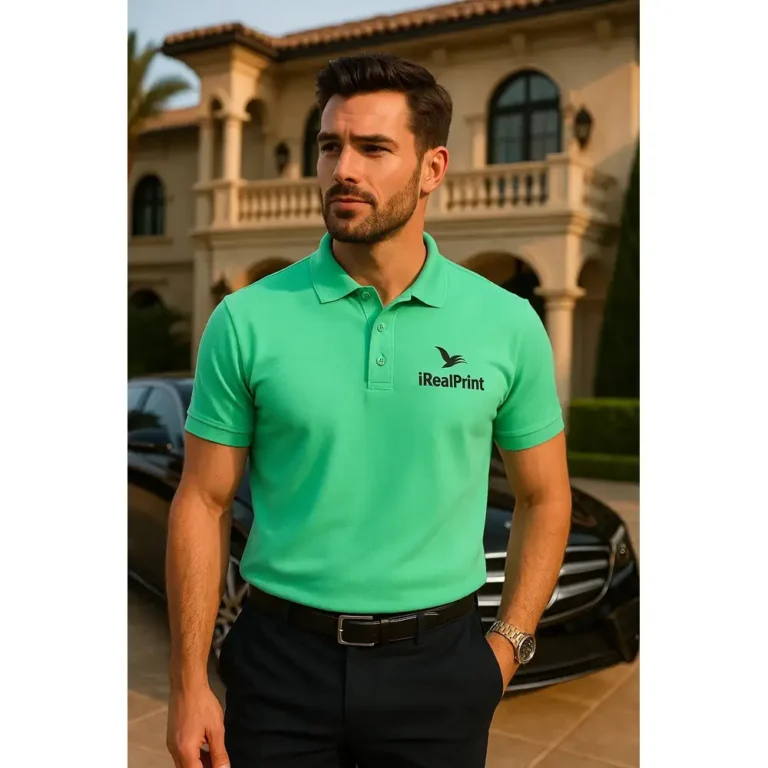 Bărbat purtând tricou polo personalizat verde mentă într-un context lifestyle premium, ilustrând utilizarea pentru imagine profesională și branding