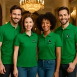 Echipă corporate purtând tricouri polo personalizate verde mediu într-un cadru elegant pentru imagine profesională și identitate de brand