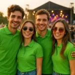 Grup de persoane purtând tricouri polo bărbați personalizate verde măr într-un cadru de festival sau eveniment outdoor, ilustrând utilizarea pentru echipe și promovare de brand