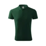 Tricou polo bărbați personalizat verde dark prezentat frontal pe fundal neutru, guler cu nasturi și croială modernă potrivită pentru uniforme corporate