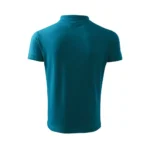 Spate tricou polo bărbați turcoaz închis prezentat pe fundal neutru, design simplu și croială modernă potrivită pentru branding profesional