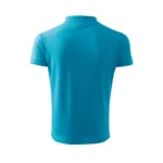 Spate tricou polo bărbați turcoaz prezentat pe fundal simplu, croială masculină modernă și material confortabil pentru echipe și branding profesional