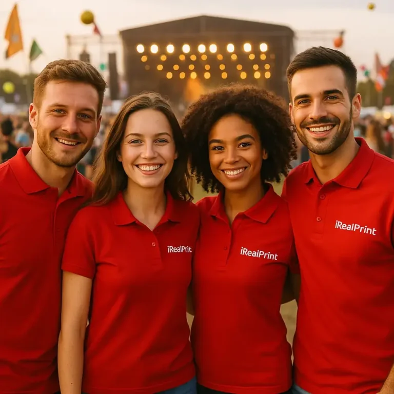 Grup de persoane purtând tricouri polo personalizate roșii la un eveniment outdoor, imagine de echipă pentru promovare brand și identitate vizuală puternică