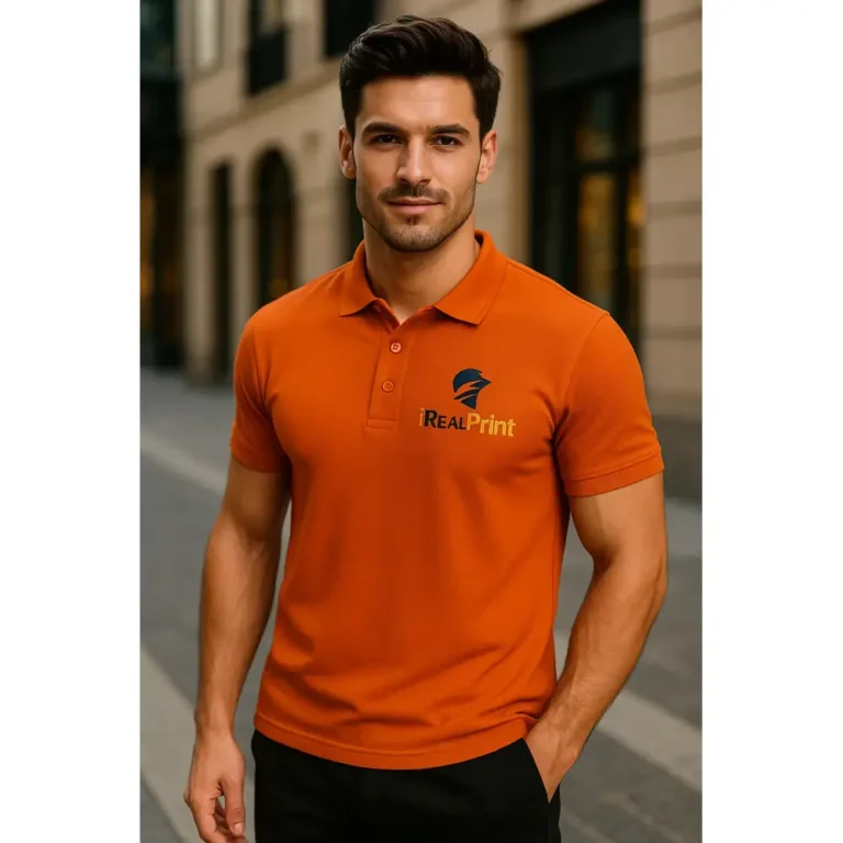 Bărbat purtând tricou polo personalizat portocaliu cu logo iRealPrint într-un cadru urban modern, stil business casual pentru promovare brand
