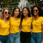 Grup de femei purtând tricouri damă galbene cu anchior în V personalizate, ținută casual modernă și atmosferă socială relaxată